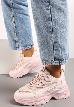 Różowe Sneakersy na Masywnej Podeszwie z Siateczkowym Wstawkami i Ozdobnymi Sznurówkami Ollavia