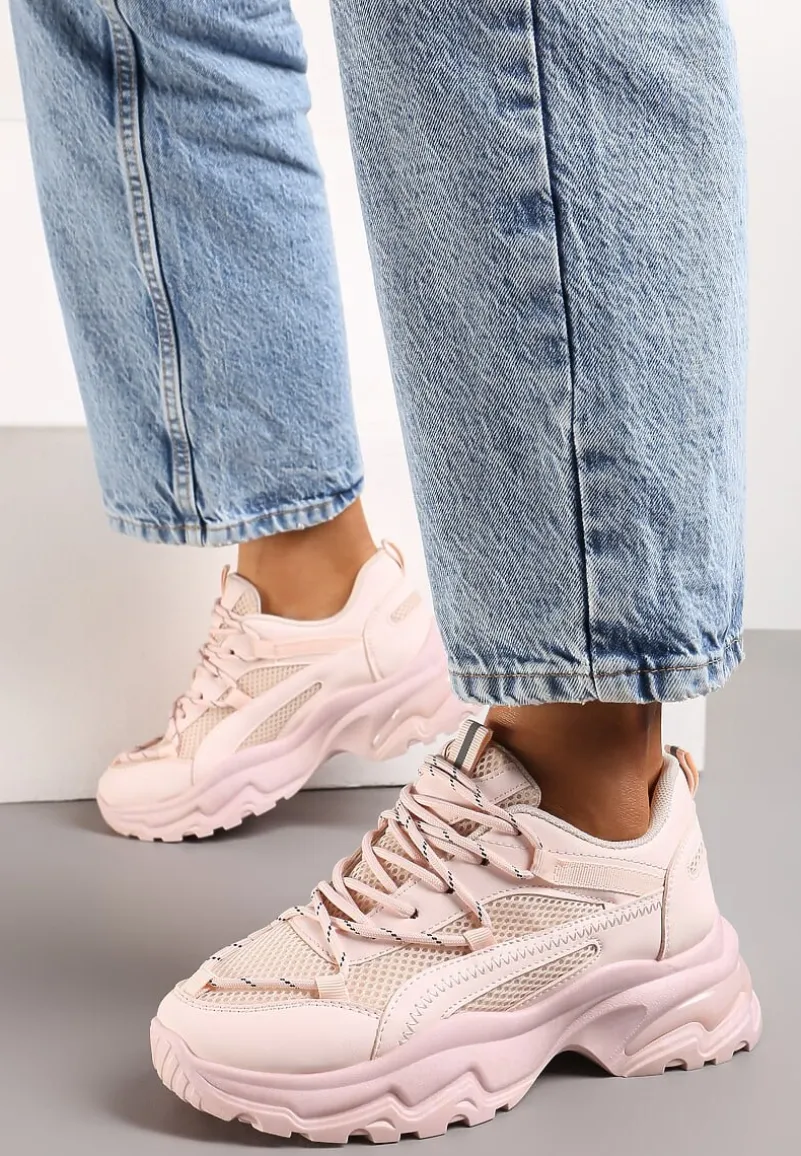 Różowe Sneakersy na Masywnej Podeszwie z Siateczkowym Wstawkami i Ozdobnymi Sznurówkami Ollavia