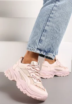 Różowe Sneakersy na Masywnej Podeszwie z Siateczkowym Wstawkami i Ozdobnymi Sznurówkami Ollavia