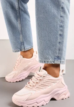 Różowe Sneakersy na Niskiej Platformie z Ozdobnymi Wstawkami na Cholewce Amrogia