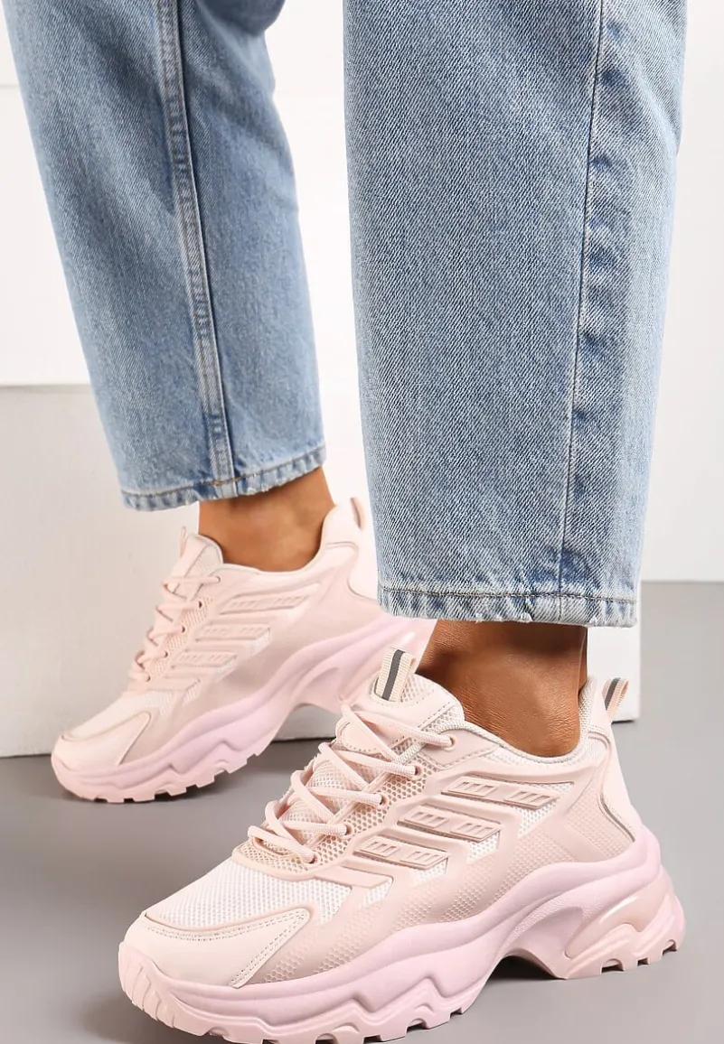 Różowe Sneakersy na Niskiej Platformie z Ozdobnymi Wstawkami na Cholewce Amrogia