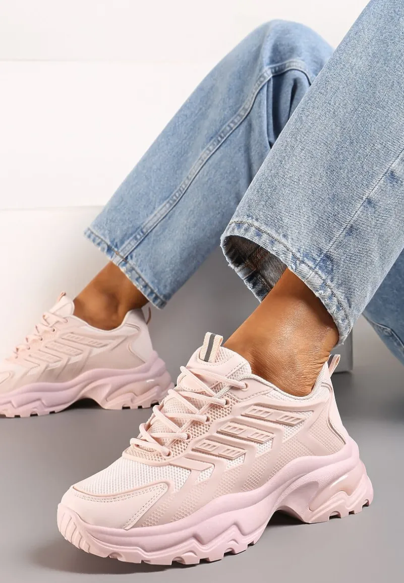 Różowe Sneakersy na Niskiej Platformie z Ozdobnymi Wstawkami na Cholewce Amrogia
