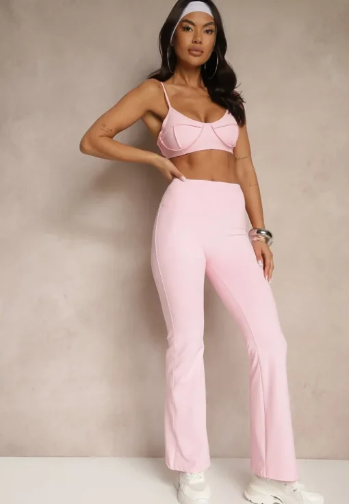 Różowe Spodnie Dzwony Legginsy High Waist Onellin