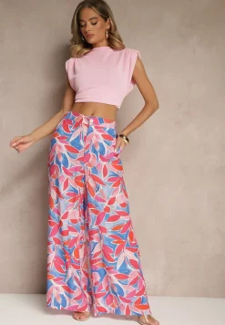 Różowe Spodnie z Wiskozy o Szerokim Kroju High Waist z Geometrycznym Motywem Ralianea