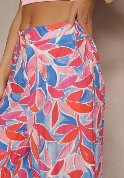 Różowe Spodnie z Wiskozy o Szerokim Kroju High Waist z Geometrycznym Motywem Ralianea
