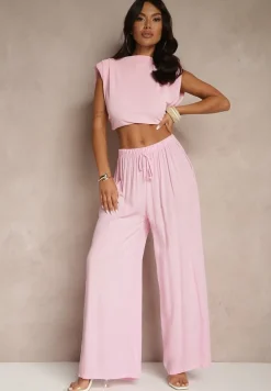 Różowe Szerokie Spodnie High Waist z Gumką w Talii Ilnena
