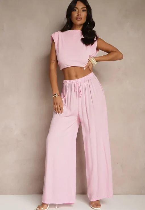 Różowe Szerokie Spodnie High Waist z Gumką w Talii Ilnena