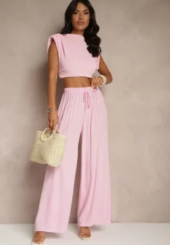 Różowe Szerokie Spodnie High Waist z Gumką w Talii Ilnena