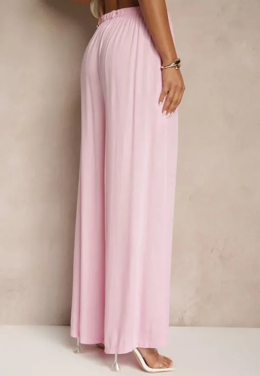 Różowe Szerokie Spodnie High Waist z Gumką w Talii Ilnena