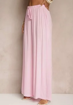 Różowe Szerokie Spodnie High Waist z Gumką w Talii Ilnena