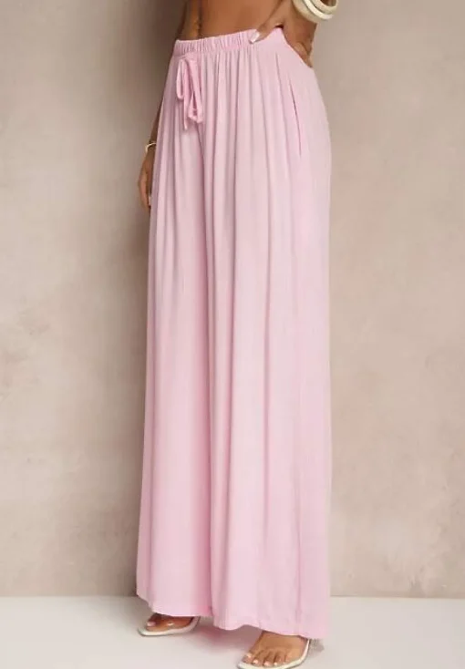 Różowe Szerokie Spodnie High Waist z Gumką w Talii Ilnena