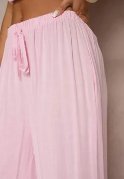 Różowe Szerokie Spodnie High Waist z Gumką w Talii Ilnena