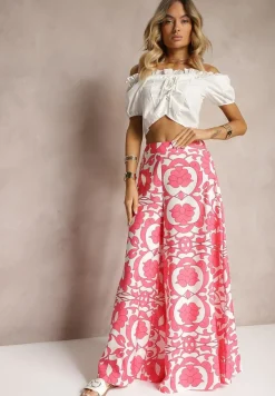 Różowe Szerokie Spodnie z Wiskozy High Waist z Gumką w Talii o Kwiatowym Wzorze Weranea