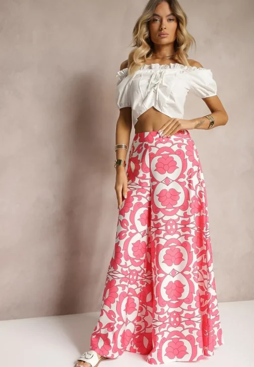 Różowe Szerokie Spodnie z Wiskozy High Waist z Gumką w Talii o Kwiatowym Wzorze Weranea