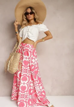 Różowe Szerokie Spodnie z Wiskozy High Waist z Gumką w Talii o Kwiatowym Wzorze Weranea