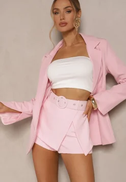 Różowe Szorty Stylizowane na Spódniczkę z Paskiem Halavina