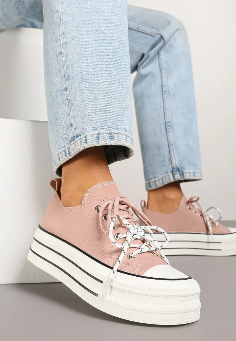 Różowe Trampki na Platformie z Podwójnymi Sznurówkami Tasmio