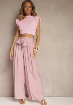 Różowe Wiskozowe Spodnie High Waist o Szerokim Kroju Aranisa
