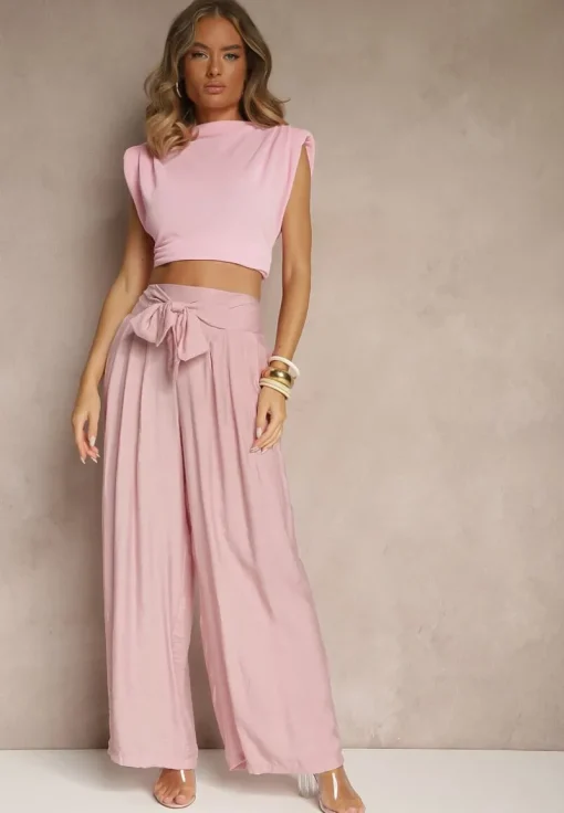Różowe Wiskozowe Spodnie High Waist o Szerokim Kroju Aranisa