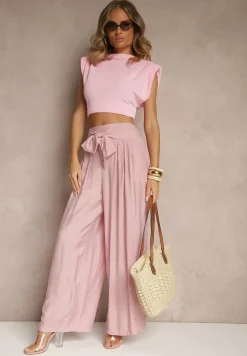 Różowe Wiskozowe Spodnie High Waist o Szerokim Kroju Aranisa