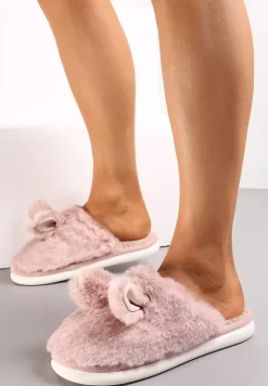 Różowe Wsuwane Kapcie na Płaskiej Podeszwie z Motywem Królika Ozdobione Sztucznym Futrem Evio