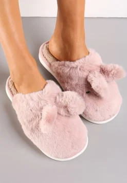 Różowe Wsuwane Kapcie na Płaskiej Podeszwie z Motywem Królika Ozdobione Sztucznym Futrem Evio