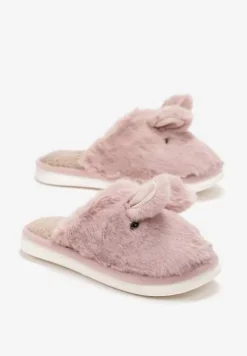 Różowe Wsuwane Kapcie na Płaskiej Podeszwie z Motywem Królika Ozdobione Sztucznym Futrem Evio