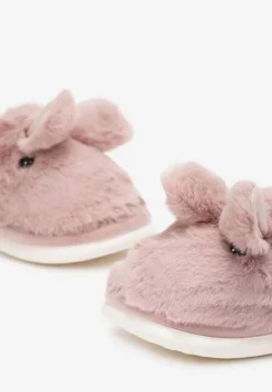 Różowe Wsuwane Kapcie na Płaskiej Podeszwie z Motywem Królika Ozdobione Sztucznym Futrem Evio