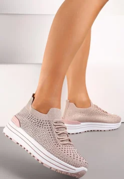 Różowe Wsuwane Sneakersy z Cyrkoniami na Grubej Podeszwie z Materiałową Cholewką Satris