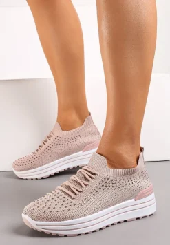 Różowe Wsuwane Sneakersy z Cyrkoniami na Grubej Podeszwie z Materiałową Cholewką Satris