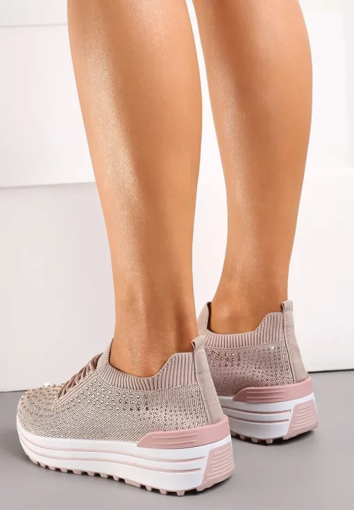 Różowe Wsuwane Sneakersy z Cyrkoniami na Grubej Podeszwie z Materiałową Cholewką Satris