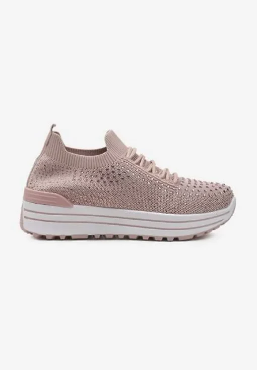Różowe Wsuwane Sneakersy z Cyrkoniami na Grubej Podeszwie z Materiałową Cholewką Satris