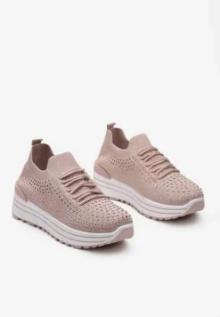 Różowe Wsuwane Sneakersy z Cyrkoniami na Grubej Podeszwie z Materiałową Cholewką Satris