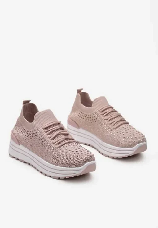 Różowe Wsuwane Sneakersy z Cyrkoniami na Grubej Podeszwie z Materiałową Cholewką Satris