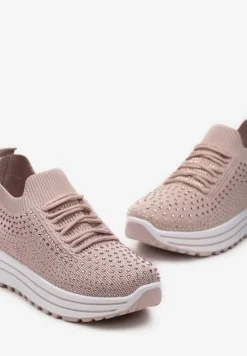 Różowe Wsuwane Sneakersy z Cyrkoniami na Grubej Podeszwie z Materiałową Cholewką Satris