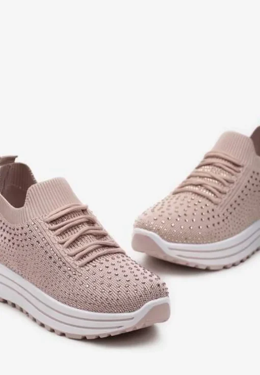 Różowe Wsuwane Sneakersy z Cyrkoniami na Grubej Podeszwie z Materiałową Cholewką Satris
