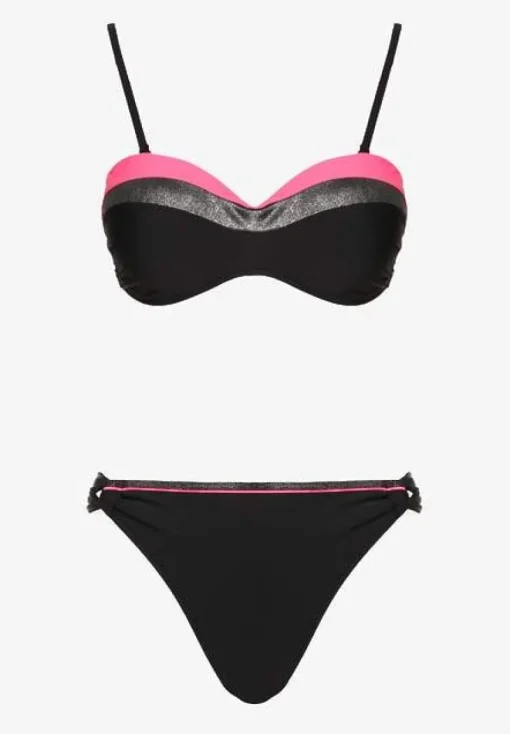 Różowo-Czarne Bikini z Metaliczną Nicią Usztywniany Biustonosz i Figi Mitelle