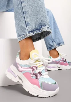 Różowo-Fioletowe Sneakersy na Platformie z Wycięciem i Grubymi Sznurówkami Bosylia