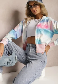 Różowo-Niebieska Krótka Bluza z Kapturem Wzorem Tie-Dye i Szerokim Ściągaczem Therini