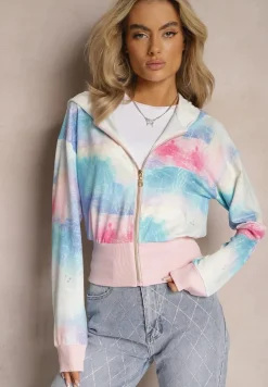 Różowo-Niebieska Krótka Bluza z Kapturem Wzorem Tie-Dye i Szerokim Ściągaczem Therini