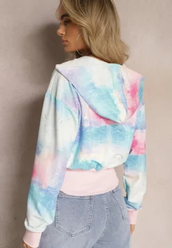 Różowo-Niebieska Krótka Bluza z Kapturem Wzorem Tie-Dye i Szerokim Ściągaczem Therini