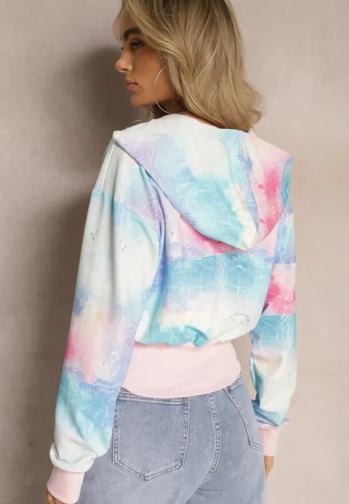 Różowo-Niebieska Krótka Bluza z Kapturem Wzorem Tie-Dye i Szerokim Ściągaczem Therini
