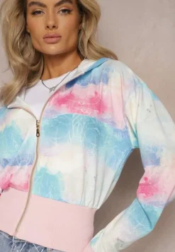 Różowo-Niebieska Krótka Bluza z Kapturem Wzorem Tie-Dye i Szerokim Ściągaczem Therini