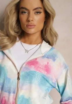 Różowo-Niebieska Krótka Bluza z Kapturem Wzorem Tie-Dye i Szerokim Ściągaczem Therini