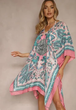 Różowo-Niebieskie Ponczo Narzutka z Wiskozy i Jedwabiu w Stylu Boho Acera