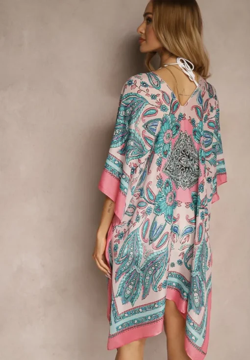 Różowo-Niebieskie Ponczo Narzutka z Wiskozy i Jedwabiu w Stylu Boho Acera