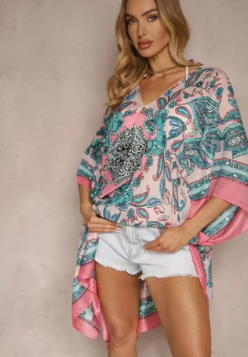 Różowo-Niebieskie Ponczo Narzutka z Wiskozy i Jedwabiu w Stylu Boho Acera