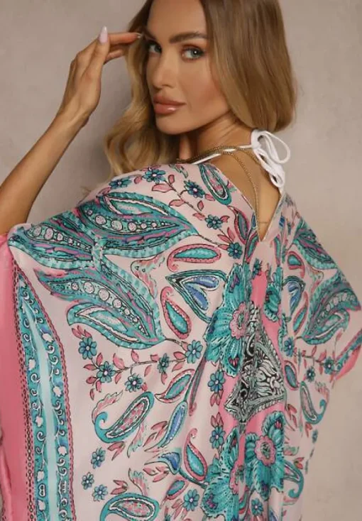 Różowo-Niebieskie Ponczo Narzutka z Wiskozy i Jedwabiu w Stylu Boho Acera