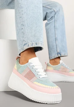 Różowo-Niebieskie Sneakersy na Tłoczonej Platformie z Ozdobnymi Przeszyciami Faloviela