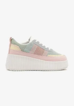 Różowo-Niebieskie Sneakersy na Tłoczonej Platformie z Ozdobnymi Przeszyciami Faloviela
